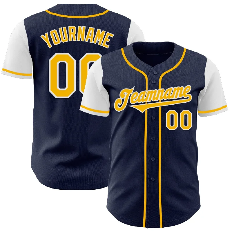 Team baseball jersey with player’s signature embroidery-Custom Navy Gold-White Authentic Two Tone Baseball Jersey