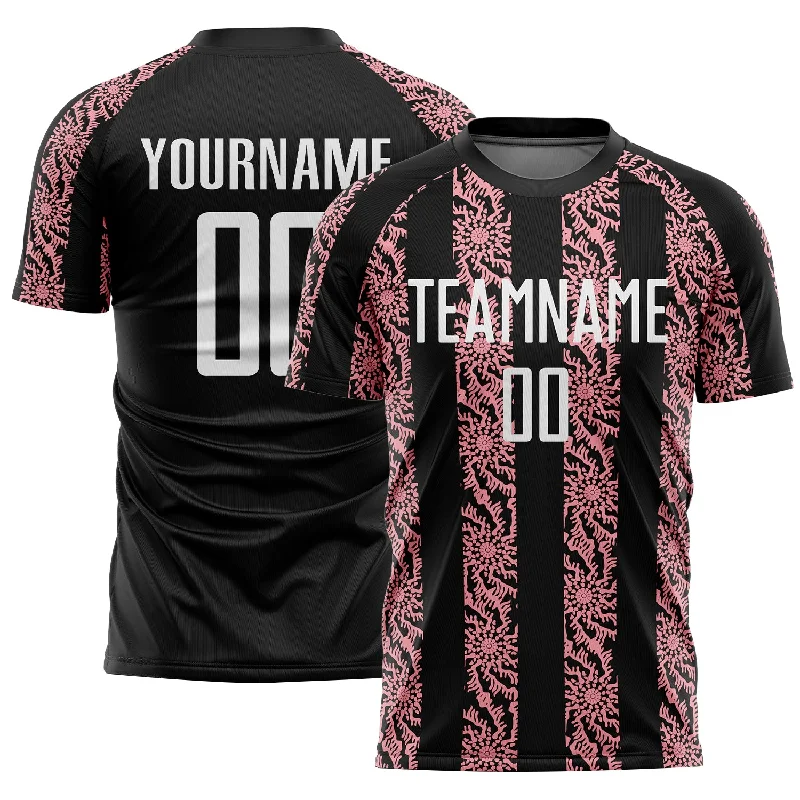 Soccer jersey with breathable fabric for all-day wear-Custom Black White-Medium Pink Abstract Shape Sublimation Soccer Uniform Jersey