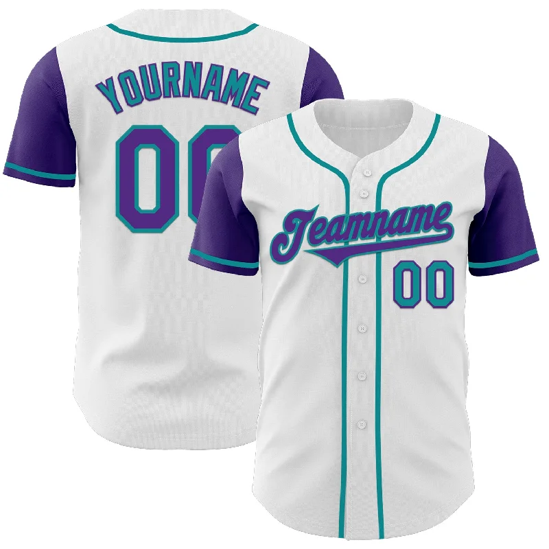 Custom baseball jersey for corporate giveaways-Custom White Purple-Teal Authentic Two Tone Baseball Jersey