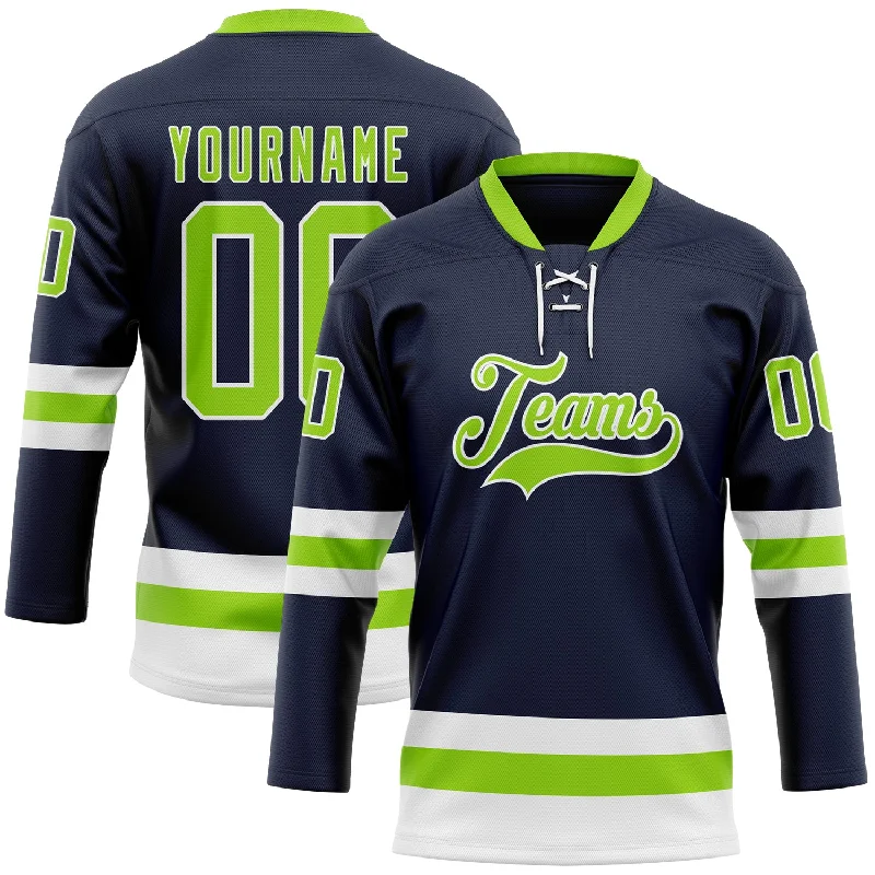 Hockey jersey with stretch fabric for flexibility-Custom Navy Neon Green-White Hockey Lace Neck Jersey