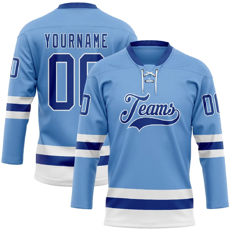 Custom hockey jersey with vibrant, high-contrast designs-Custom Light Blue Royal-White Hockey Lace Neck Jersey