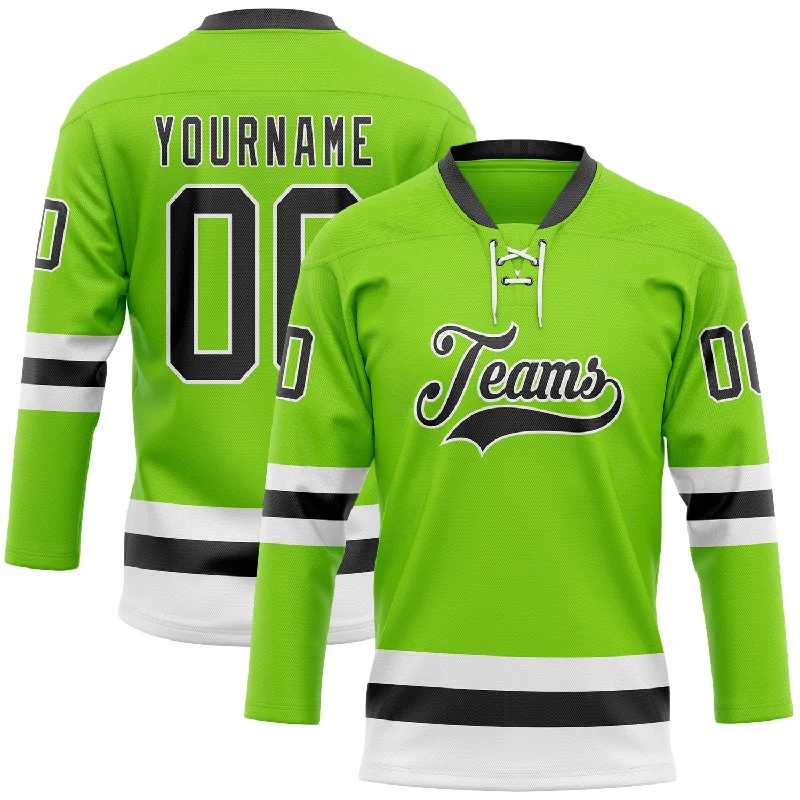 Custom hockey jersey for off-ice wear-Custom Neon Green Black-White Hockey Lace Neck Jersey