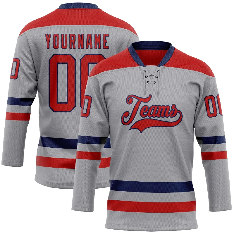 Hockey jersey with smooth fabric for ease of movement-Custom Gray Red-Navy Hockey Lace Neck Jersey