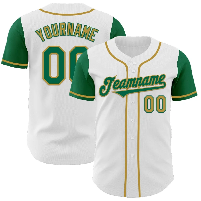 Baseball jersey with lightweight design for comfort-Custom White Kelly Green-Old Gold Authentic Two Tone Baseball Jersey