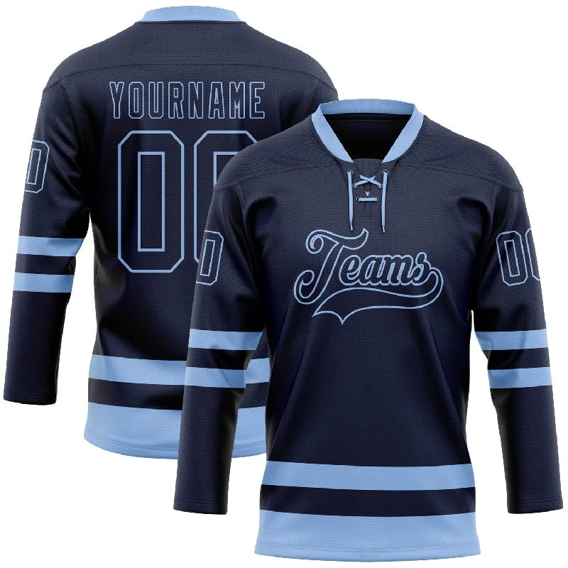 Hockey jersey with side mesh panels for breathability-Custom Navy Light Blue Hockey Lace Neck Jersey