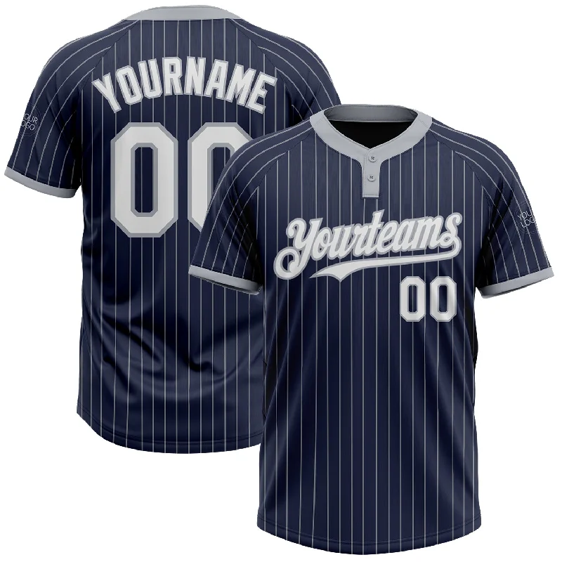 Softball jersey with player’s name and number on the back-Custom Navy Gray Pinstripe White Two-Button Unisex Softball Jersey