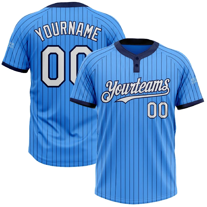 Custom softball jersey with mesh back for ventilation-Custom Electric Blue Navy Pinstripe White Two-Button Unisex Softball Jersey