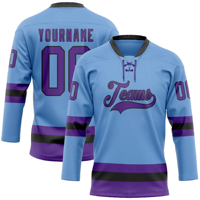 Hockey jersey with comfortable, flexible fit for all players-Custom Light Blue Purple-Black Hockey Lace Neck Jersey