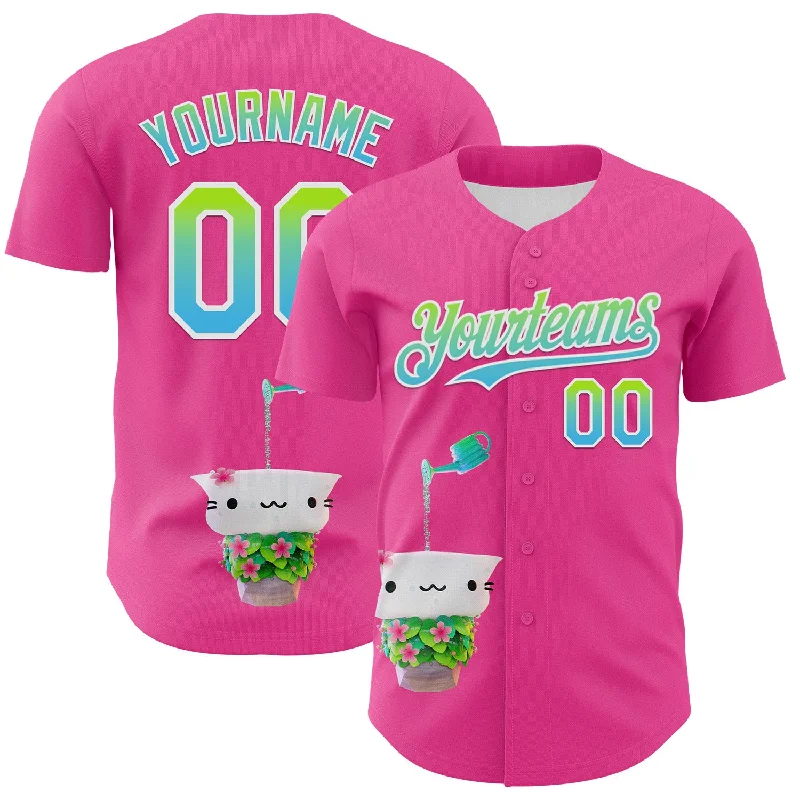 Classic baseball jersey for collectors and fans-Custom Pink Neon Green-Sky Blue Fade 3D Cindy Suen Flowers Bloom Authentic Baseball Jersey