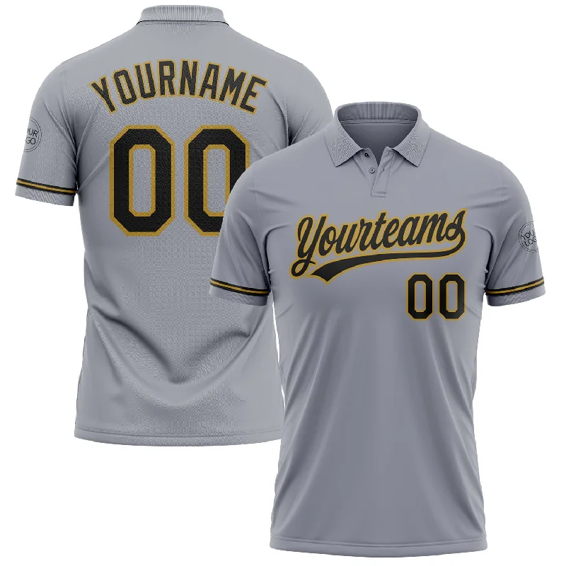 Personalized golf polo shirt with your name and number-Custom Gray Black-Old Gold Performance Vapor Golf Polo Shirt