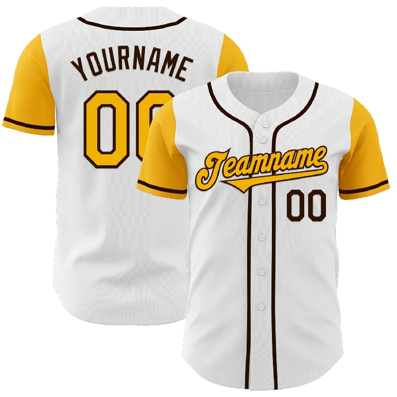 Lightweight baseball jersey for outdoor sports-Custom White Gold-Brown Authentic Two Tone Baseball Jersey