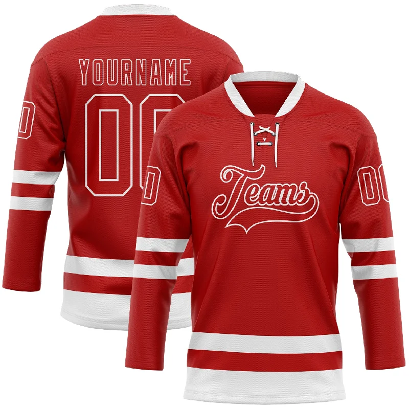 Custom hockey jersey for youth tournaments-Custom Red White Hockey Lace Neck Jersey