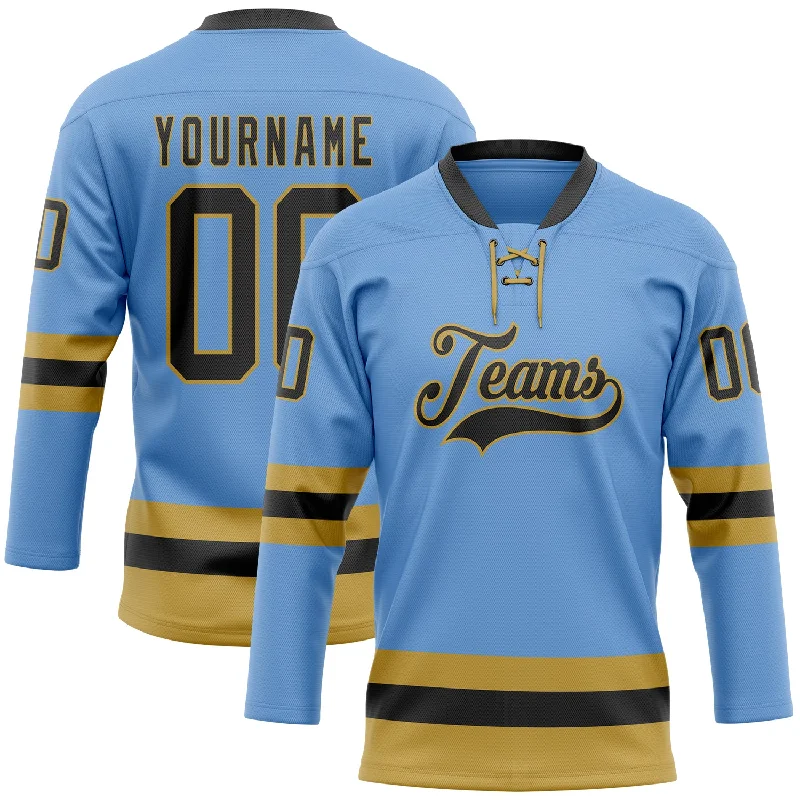 Hockey jersey with stylish and trendy designs for fans-Custom Light Blue Black-Old Gold Hockey Lace Neck Jersey