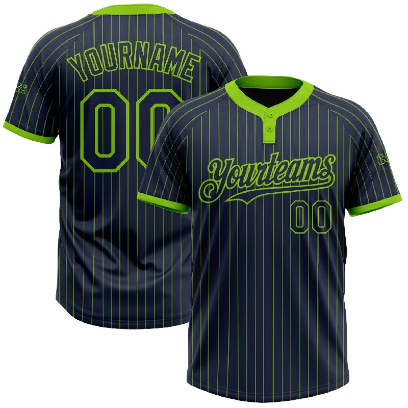 Custom softball jersey with embroidered team name-Custom Navy Neon Green Pinstripe Neon Green Two-Button Unisex Softball Jersey