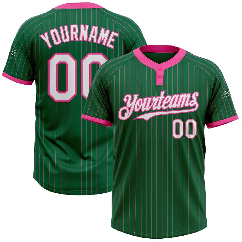 Softball jersey with ergonomic design for better mobility-Custom Kelly Green Pink Pinstripe White Two-Button Unisex Softball Jersey