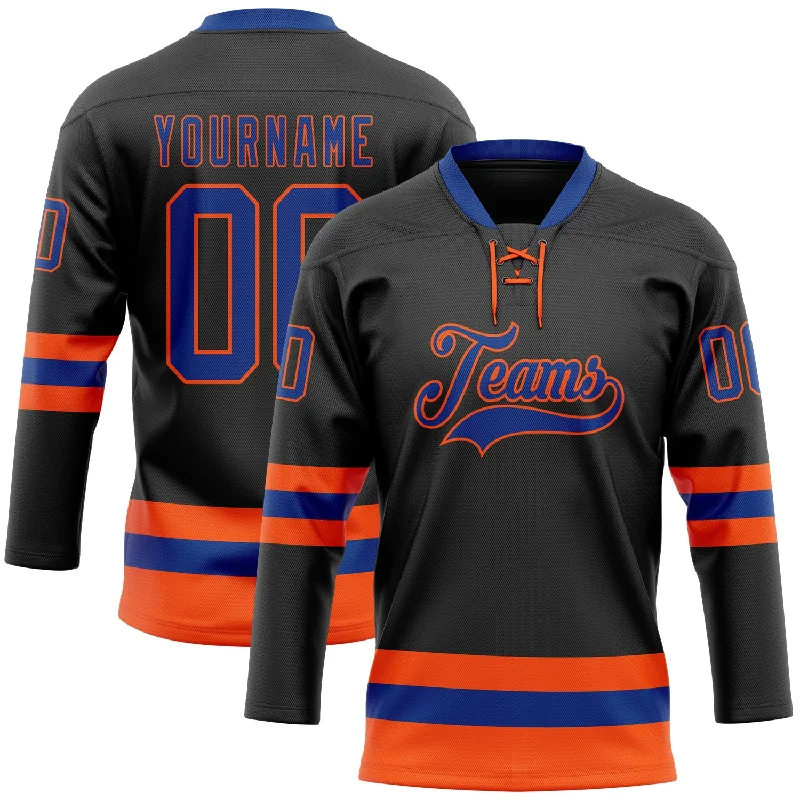 Hockey jersey with breathable mesh for ventilation-Custom Black Royal-Orange Hockey Lace Neck Jersey