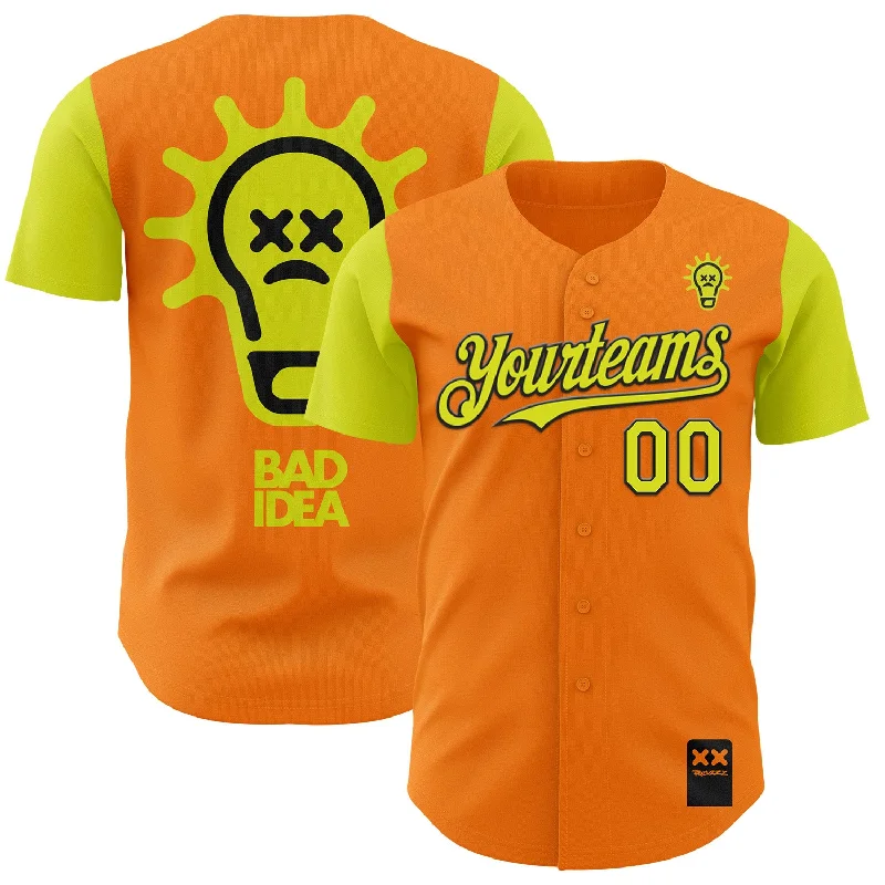 Baseball jersey for little league teams-Custom Bay Orange Neon Yellow-Black 3D Revzzz Bad Idea Authentic Baseball Jersey