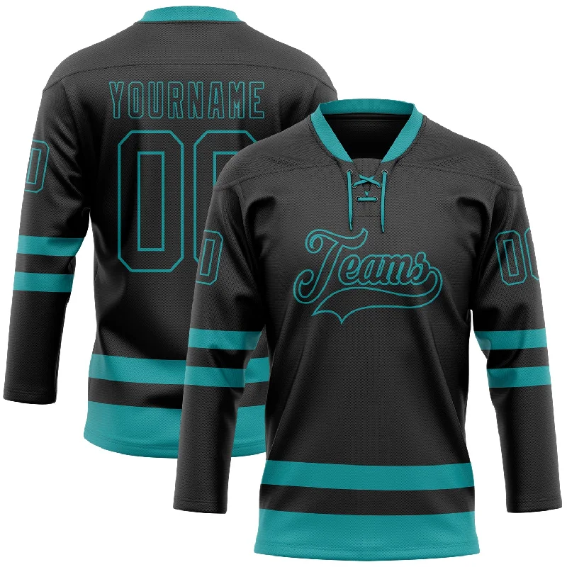 Custom hockey jersey for collectors with unique designs-Custom Black Teal Hockey Lace Neck Jersey