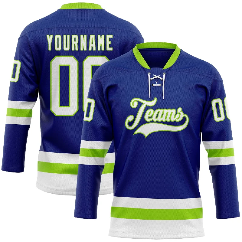 Personalized hockey jersey with a professional finish-Custom Royal White-Neon Green Hockey Lace Neck Jersey