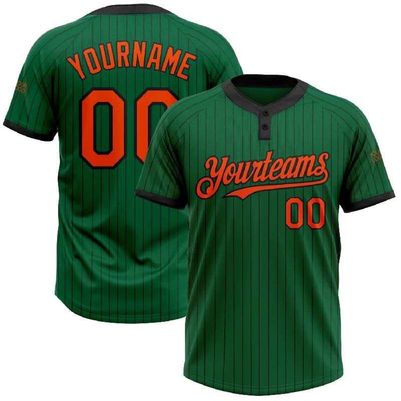 Softball jersey with a high-quality print for logos and numbers-Custom Kelly Green Black Pinstripe Orange Two-Button Unisex Softball Jersey