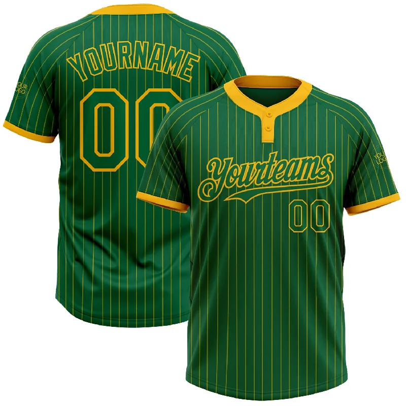 Personalized softball jersey with bold font lettering-Custom Kelly Green Gold Pinstripe Gold Two-Button Unisex Softball Jersey