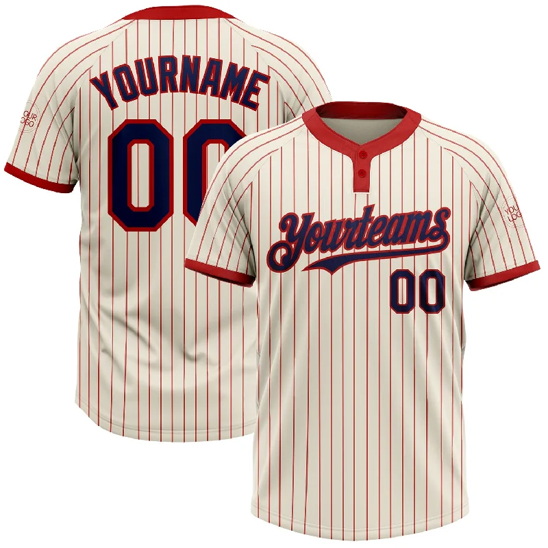 Softball jersey with a high-performance collar for added comfort-Custom Cream Red Pinstripe Navy Two-Button Unisex Softball Jersey