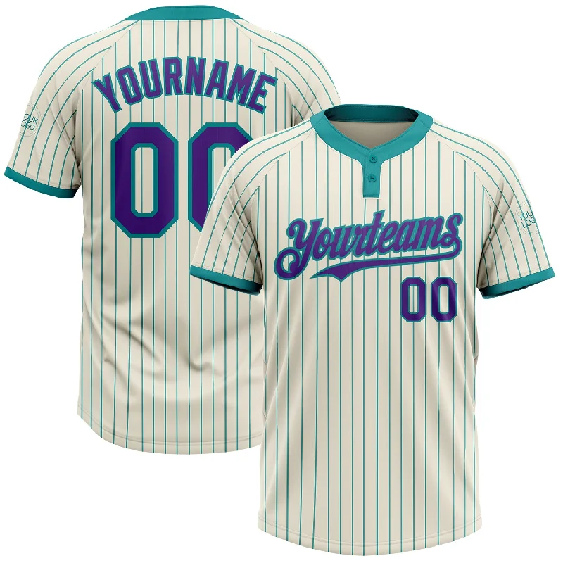 Softball jersey with a relaxed, loose fit-Custom Cream Teal Pinstripe Purple Two-Button Unisex Softball Jersey