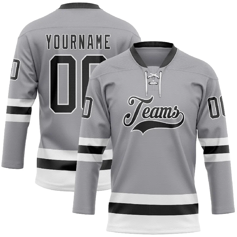 Personalized hockey jersey for promotional giveaways-Custom Gray Black-White Hockey Lace Neck Jersey