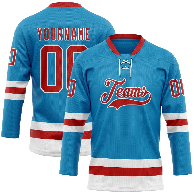 Personalized hockey jersey with sponsor logos-Custom Panther Blue Red-White Hockey Lace Neck Jersey