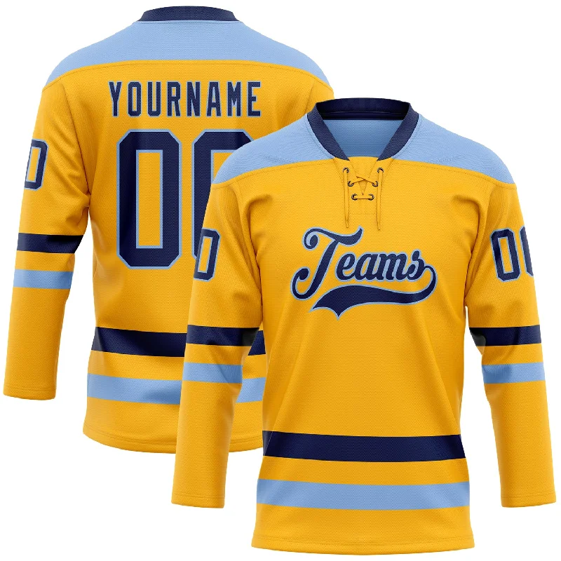 Personalized hockey jersey with sponsor logos-Custom Gold Navy-Light Blue Hockey Lace Neck Jersey