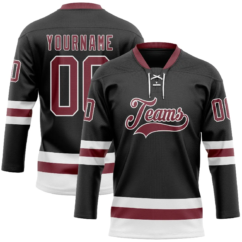 Custom hockey jersey with a unique, professional style-Custom Black Burgundy-White Hockey Lace Neck Jersey