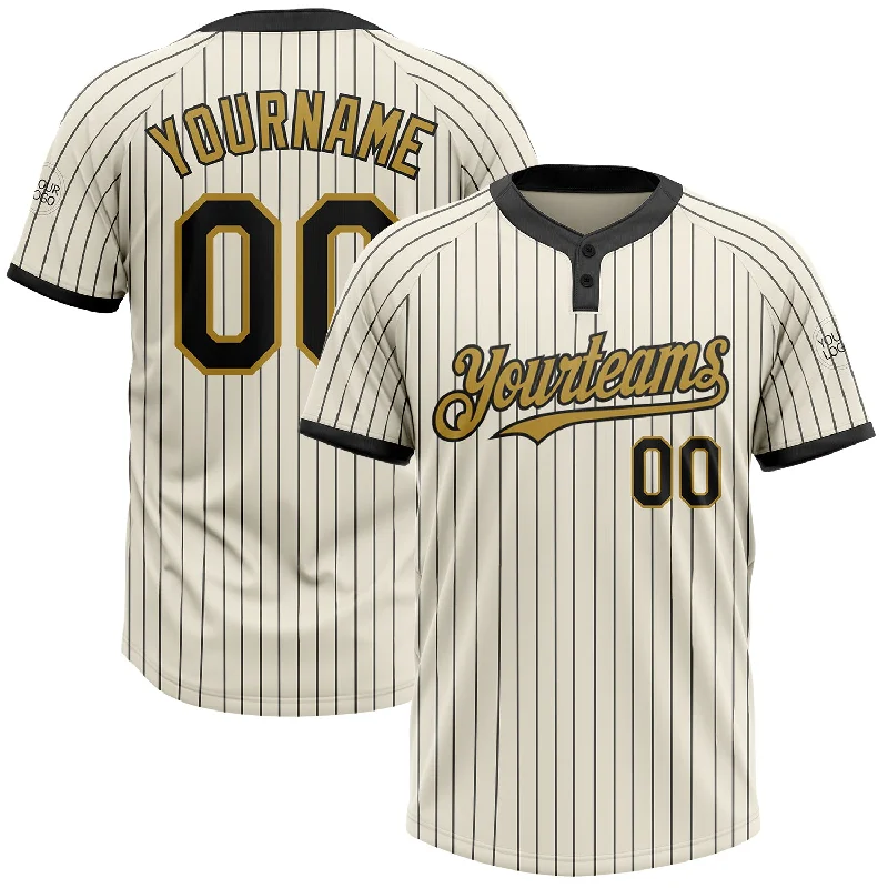 Softball jersey with contrast-colored sleeves for a trendy style-Custom Cream Black Pinstripe Old Gold Two-Button Unisex Softball Jersey