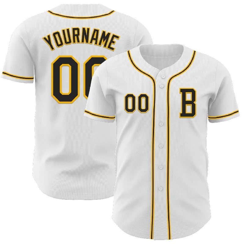 Baseball jersey with a sporty design and team logo-Custom White Black-Gold Authentic Baseball Jersey