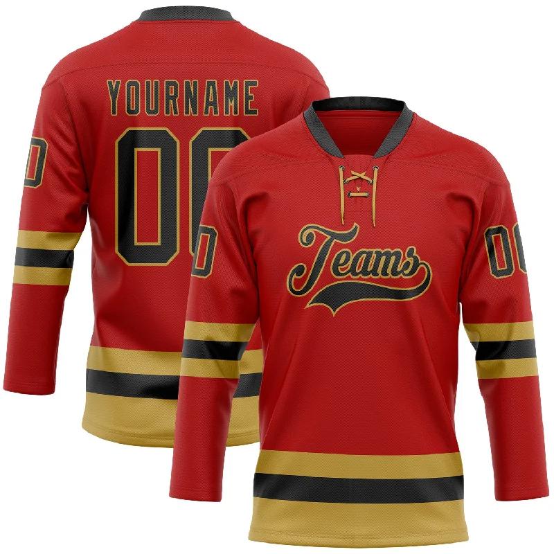 Custom hockey jersey for youth hockey leagues-Custom Red Black-Old Gold Hockey Lace Neck Jersey