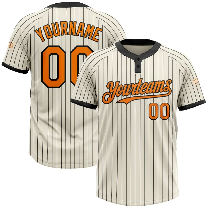 Personalized softball jersey with graphic prints-Custom Cream Black Pinstripe Bay Orange Two-Button Unisex Softball Jersey