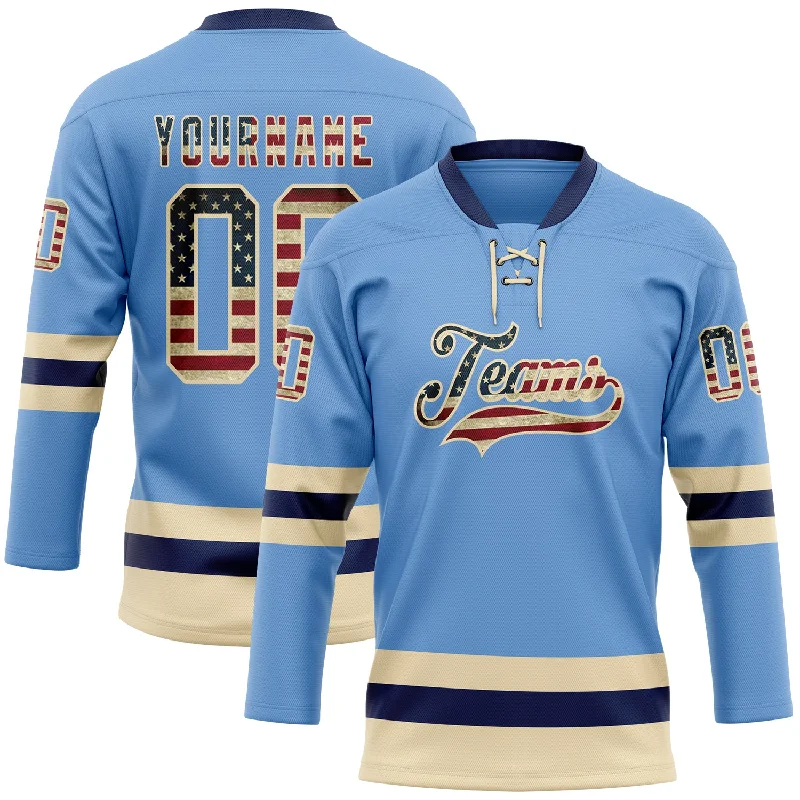 Hockey jersey with classic design for traditional fans-Custom Light Blue Vintage USA Flag Cream-Navy Hockey Lace Neck Jersey