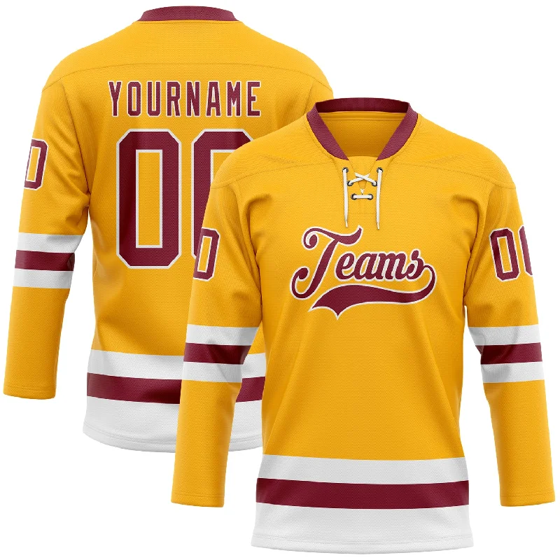 Custom hockey jersey with detailed stitching and logos-Custom Gold Crimson-White Hockey Lace Neck Jersey