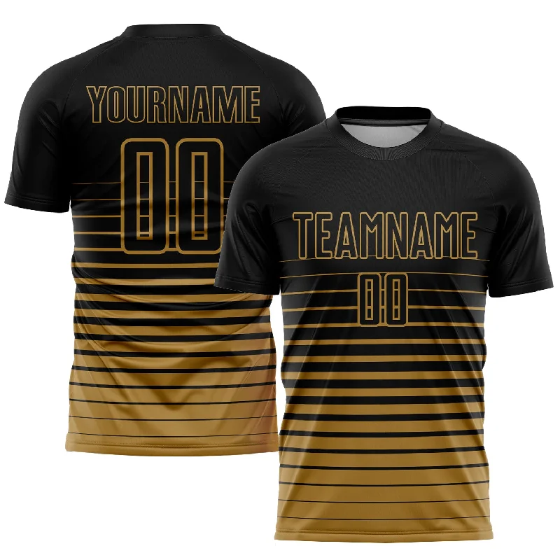 Custom soccer jersey for recreational leagues-Custom Black Old Gold Pinstripe Fade Fashion Sublimation Soccer Uniform Jersey