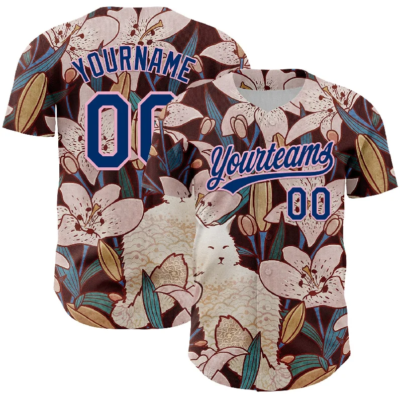 Custom baseball jersey with unique fabric options-Custom Brown US Navy Blue-Light Pink 3D Syntetyc Cat And Lilies Authentic Baseball Jersey