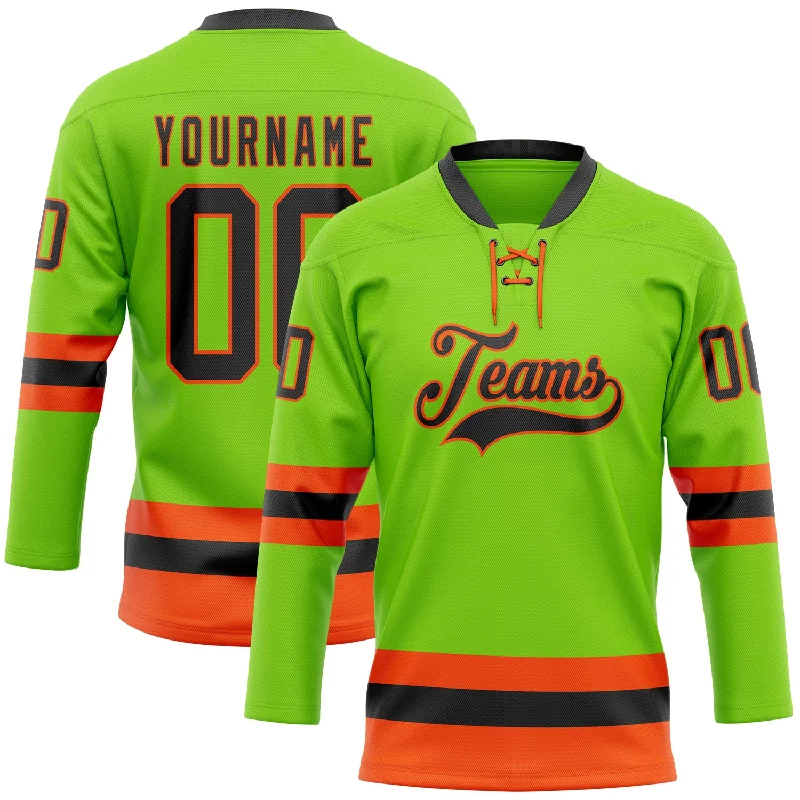 Custom hockey jersey for adult leagues-Custom Neon Green Black-Orange Hockey Lace Neck Jersey