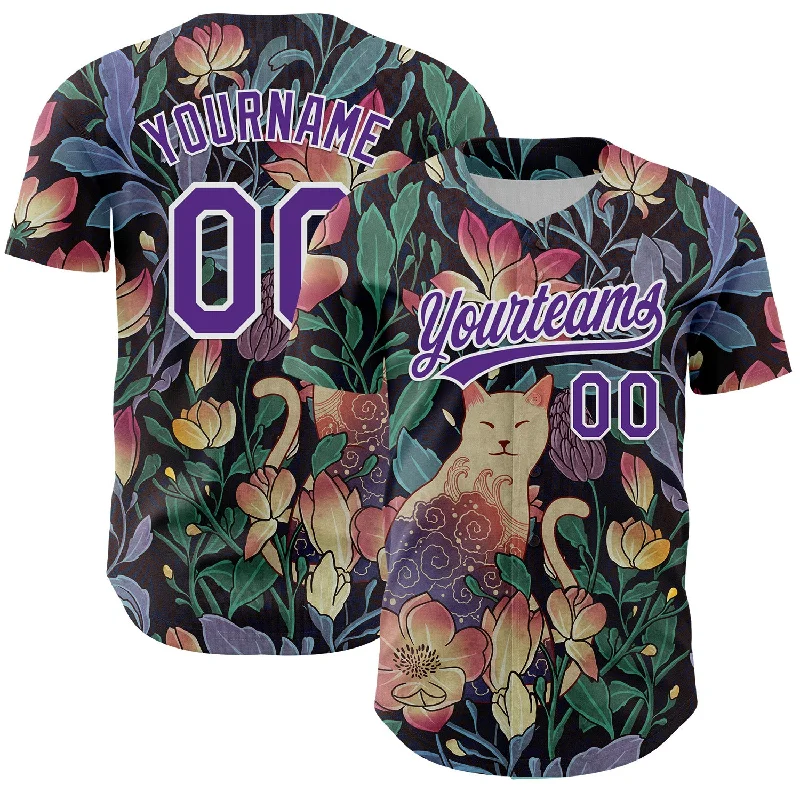 Personalized baseball jersey for fans and players alike-Custom Black Purple-White 3D Syntetyc Cat And Magnolia Authentic Baseball Jersey