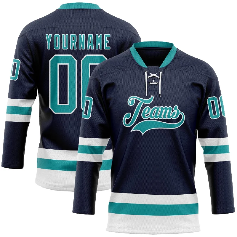 Custom hockey jersey for professional leagues-Custom Navy Teal-White Hockey Lace Neck Jersey