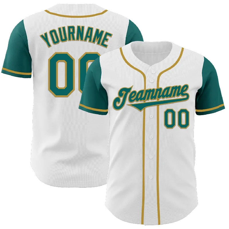 Baseball jersey with team colors and custom patch-Custom White Teal-Old Gold Authentic Two Tone Baseball Jersey