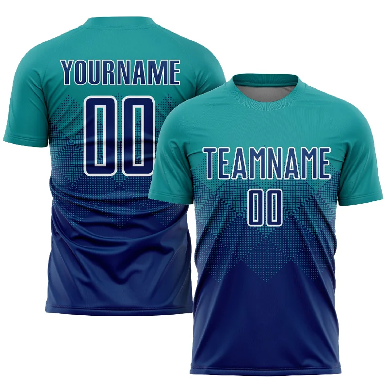 Personalized soccer jersey with vibrant color schemes-Custom Teal US Navy Blue-White Sublimation Soccer Uniform Jersey