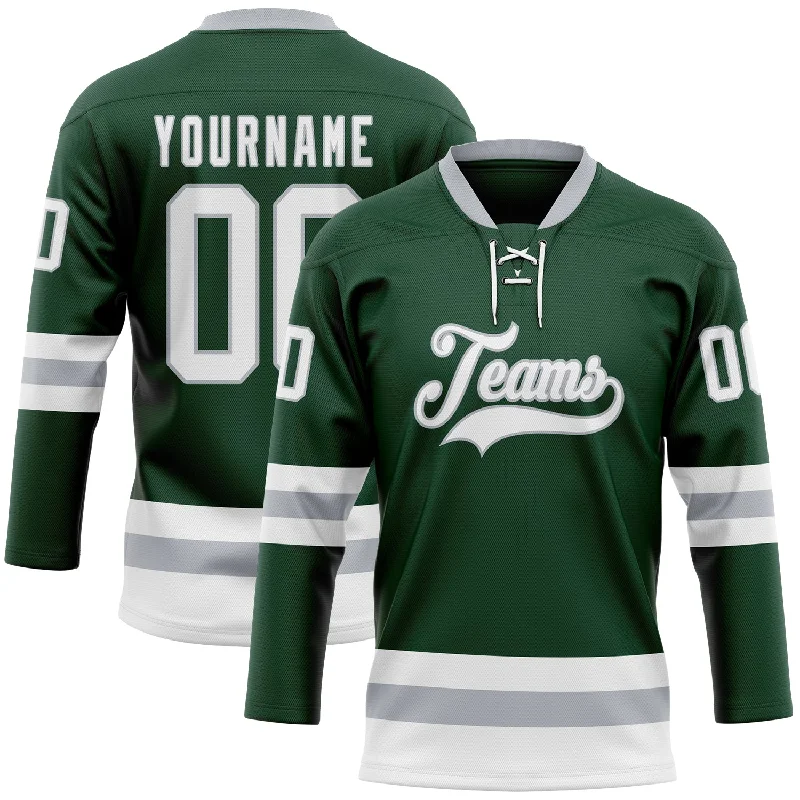 Custom hockey jersey for teams-Custom Green White-Gray Hockey Lace Neck Jersey