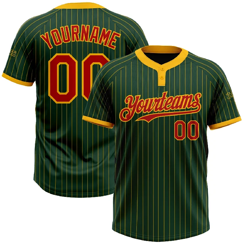 Softball jersey with a stylish v-neck design-Custom Green Gold Pinstripe Red Two-Button Unisex Softball Jersey