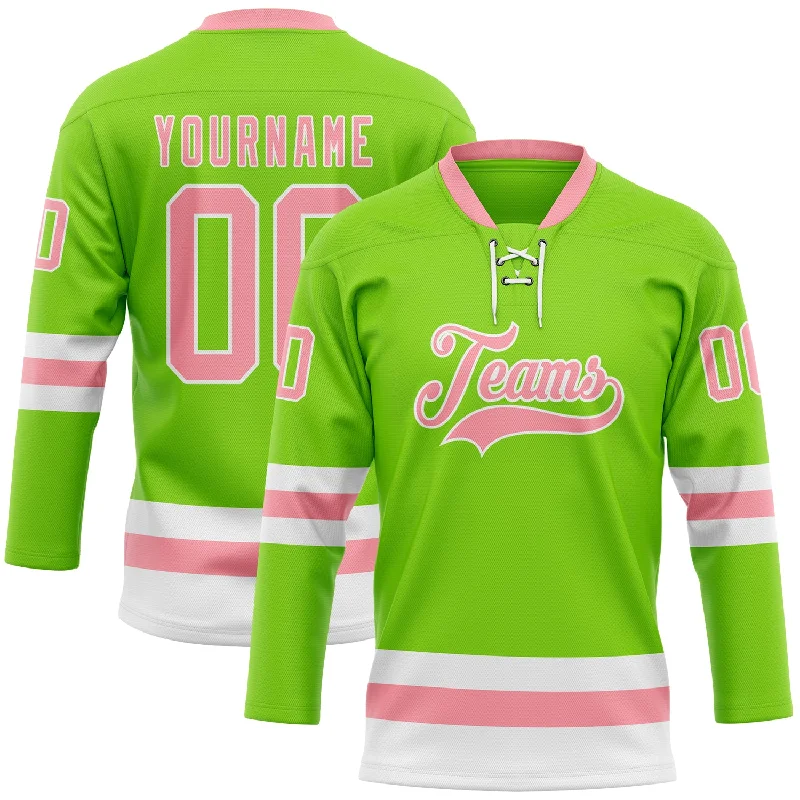 Personalized hockey jersey for family teams-Custom Neon Green Medium Pink-White Hockey Lace Neck Jersey