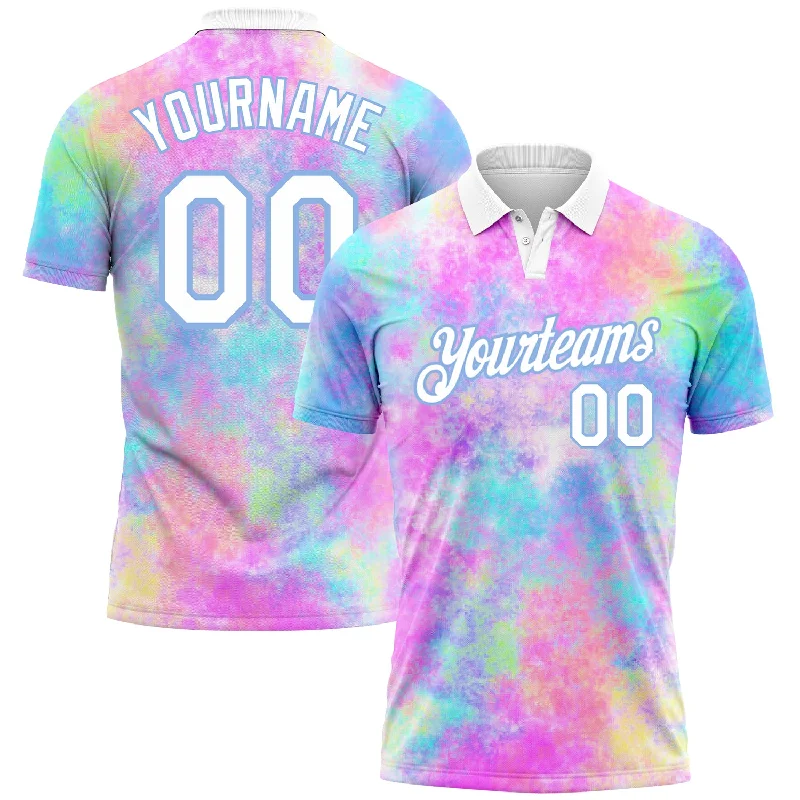 Personalized golf polo shirt with custom design-Custom Tie Dye White-Light Blue 3D Watercolor Performance Golf Polo Shirt