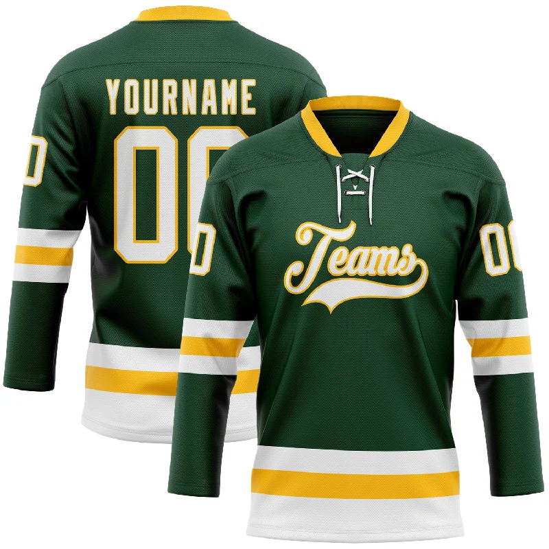 Hockey jersey with bold team colors-Custom Green White-Gold Hockey Lace Neck Jersey