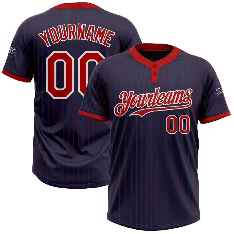 Softball jersey with breathable mesh fabric-Custom Navy Red Pinstripe White Two-Button Unisex Softball Jersey